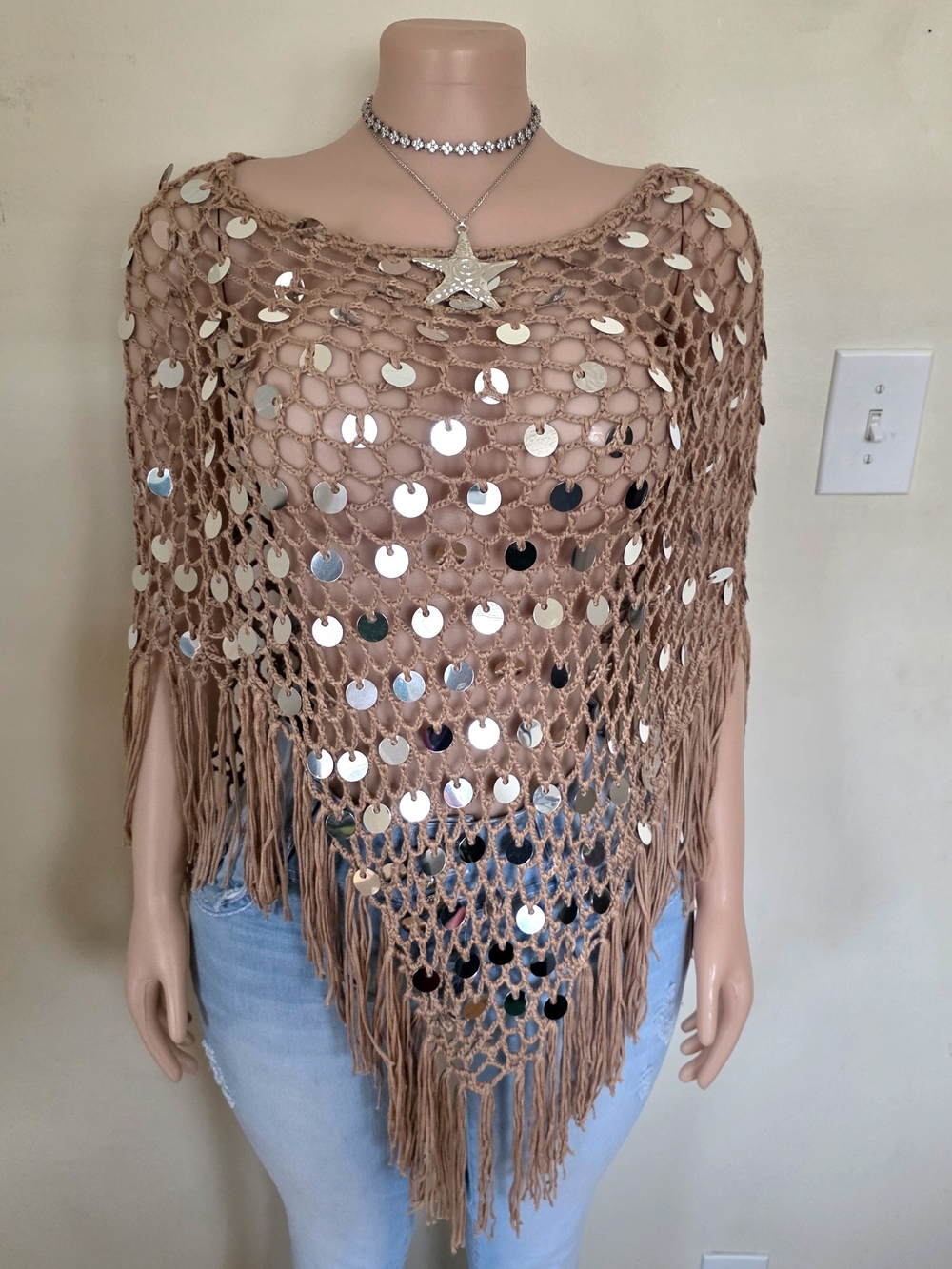 Beige Sequin Crochet Fringe Poncho Sweater